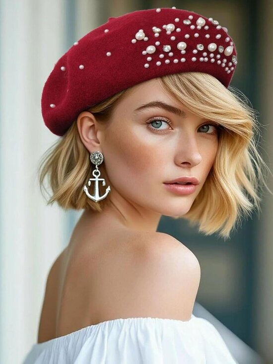 Women\'s Classic French Wool Beret Pearl & Rhinestone Embellishment Hat Burgundy